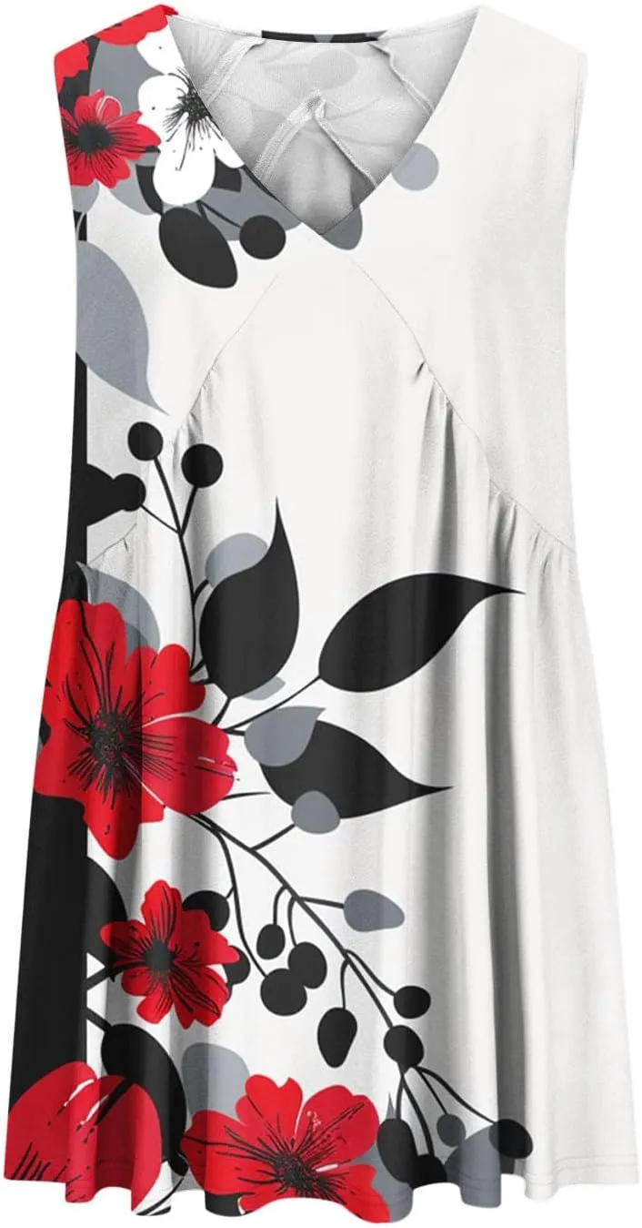 Floral V-Neck Tank Dresses for Women Loose Pleated Comfy Casual Dress Summer Elegant Trendy Short Mini Sundress