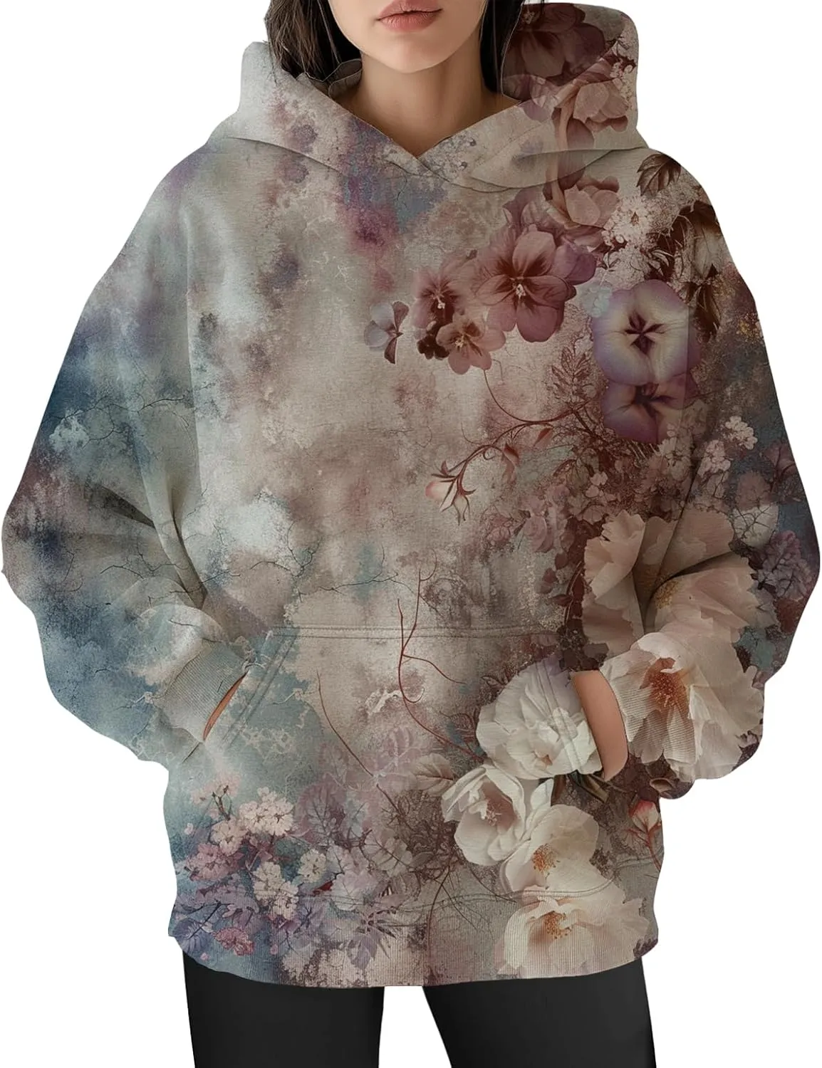 Flower Hoodie for Women Y2K Oversized Floral Printed Sweatshirts Casual Long Sleeve Hooded Sweatshirts with Pocket