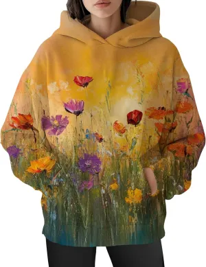 Flower Hoodie for Women Y2K Oversized Floral Printed Sweatshirts Casual Long Sleeve Hooded Sweatshirts with Pocket