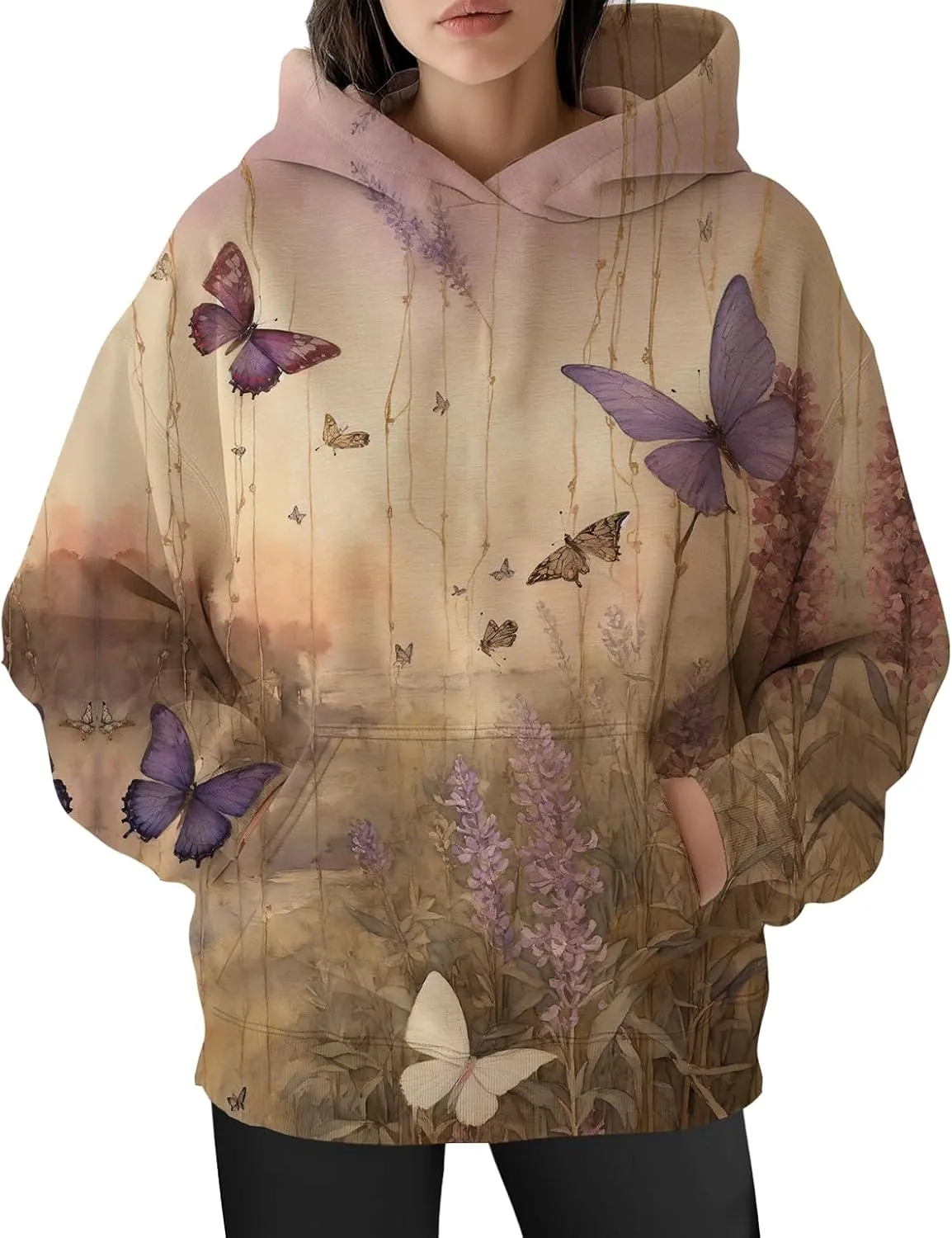 Flower Hoodie for Women Y2K Oversized Floral Printed Sweatshirts Casual Long Sleeve Hooded Sweatshirts with Pocket