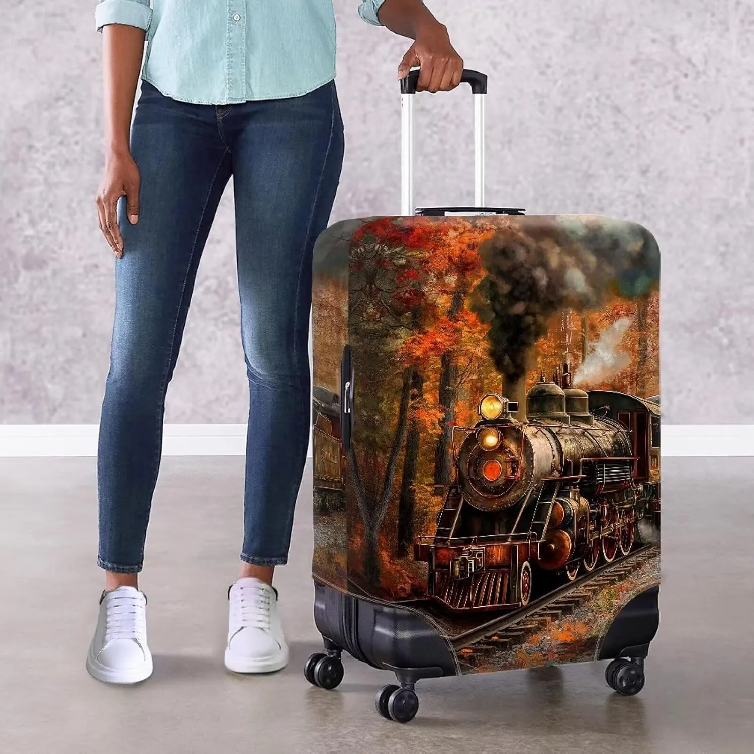 FOR U DESIGNS Carry on Luggage Cover Asethetic Luggage Protector Suitcase Cover Fit for 18-21 Inch Luggage Train Print Soft Comfortable