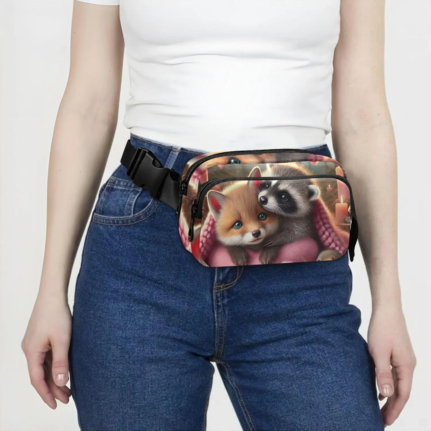 Fox Raccoon Cozy Love Night Fanny Packs Women Neon Anti Theft Belt Bag Waterproof Waist Bag for Women