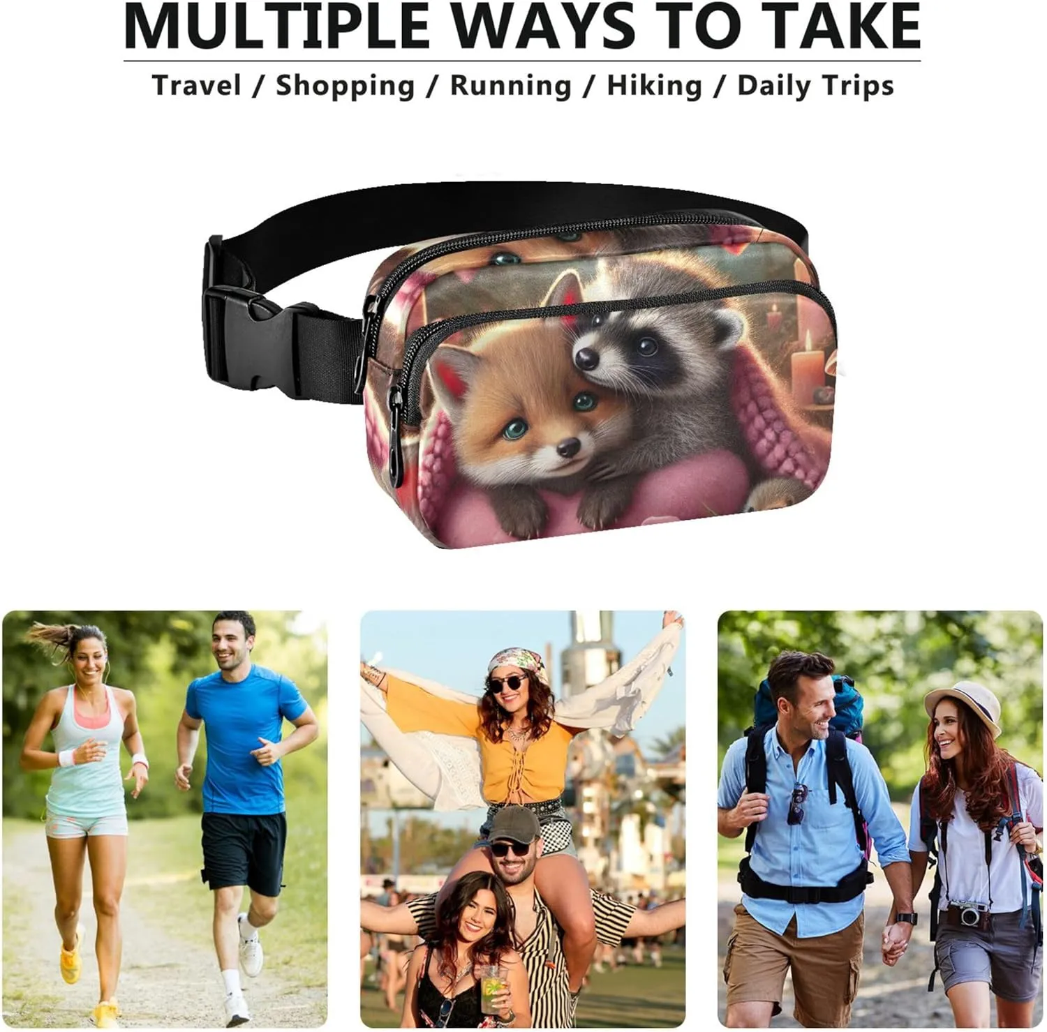 Fox Raccoon Cozy Love Night Fanny Packs Women Neon Anti Theft Belt Bag Waterproof Waist Bag for Women