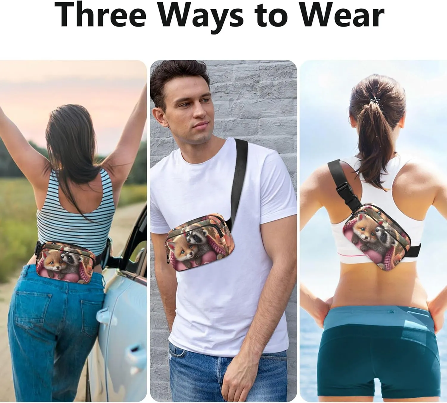 Fox Raccoon Cozy Love Night Fanny Packs Women Neon Anti Theft Belt Bag Waterproof Waist Bag for Women