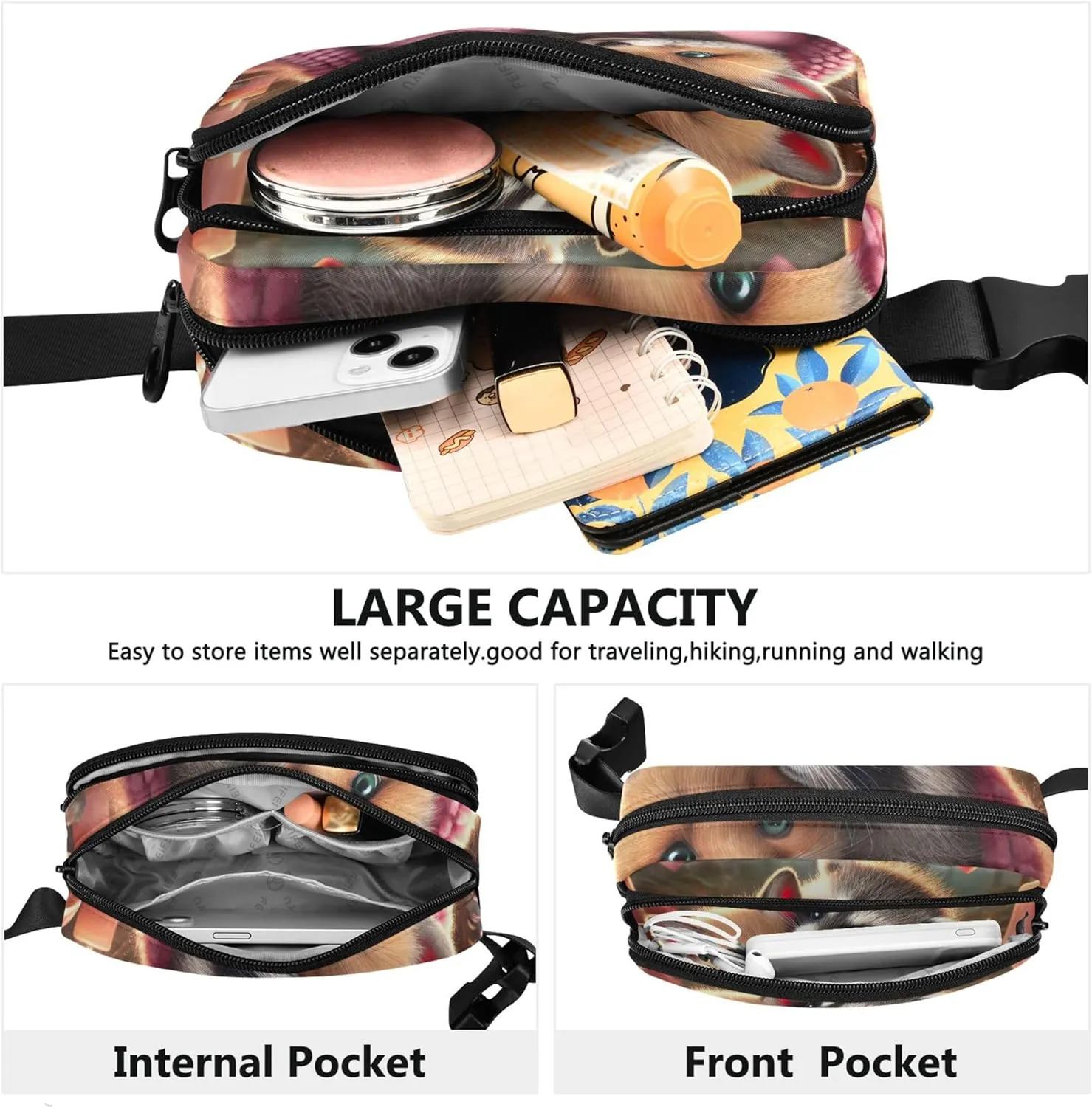 Fox Raccoon Cozy Love Night Fanny Packs Women Neon Anti Theft Belt Bag Waterproof Waist Bag for Women