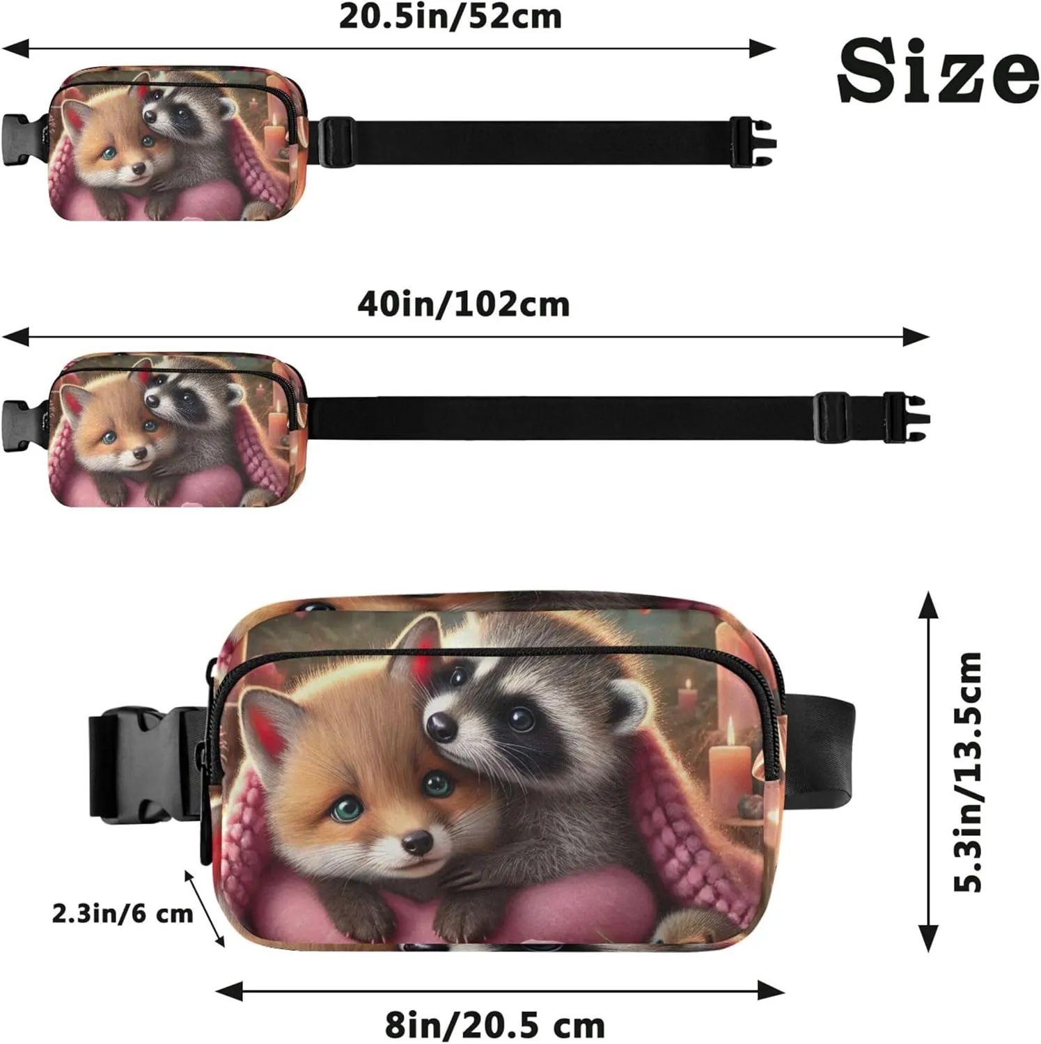 Fox Raccoon Cozy Love Night Fanny Packs Women Neon Anti Theft Belt Bag Waterproof Waist Bag for Women