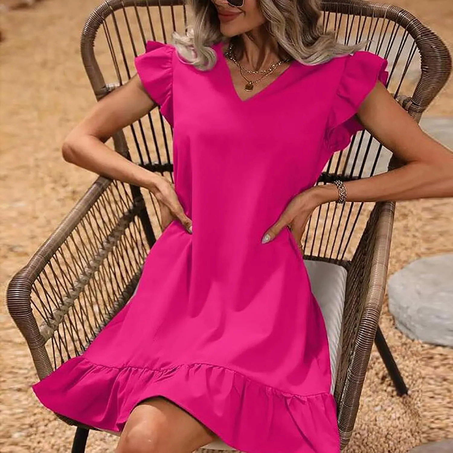 FZYLQY Sundress for Womens 2024 Summer Elegant Flutter Cap Sleeve V-Neck Mini Dress Ruffle Hem A Line Swing Beach Tank Dress
