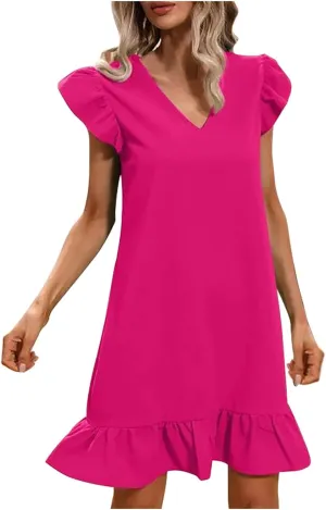 FZYLQY Sundress for Womens 2024 Summer Elegant Flutter Cap Sleeve V-Neck Mini Dress Ruffle Hem A Line Swing Beach Tank Dress