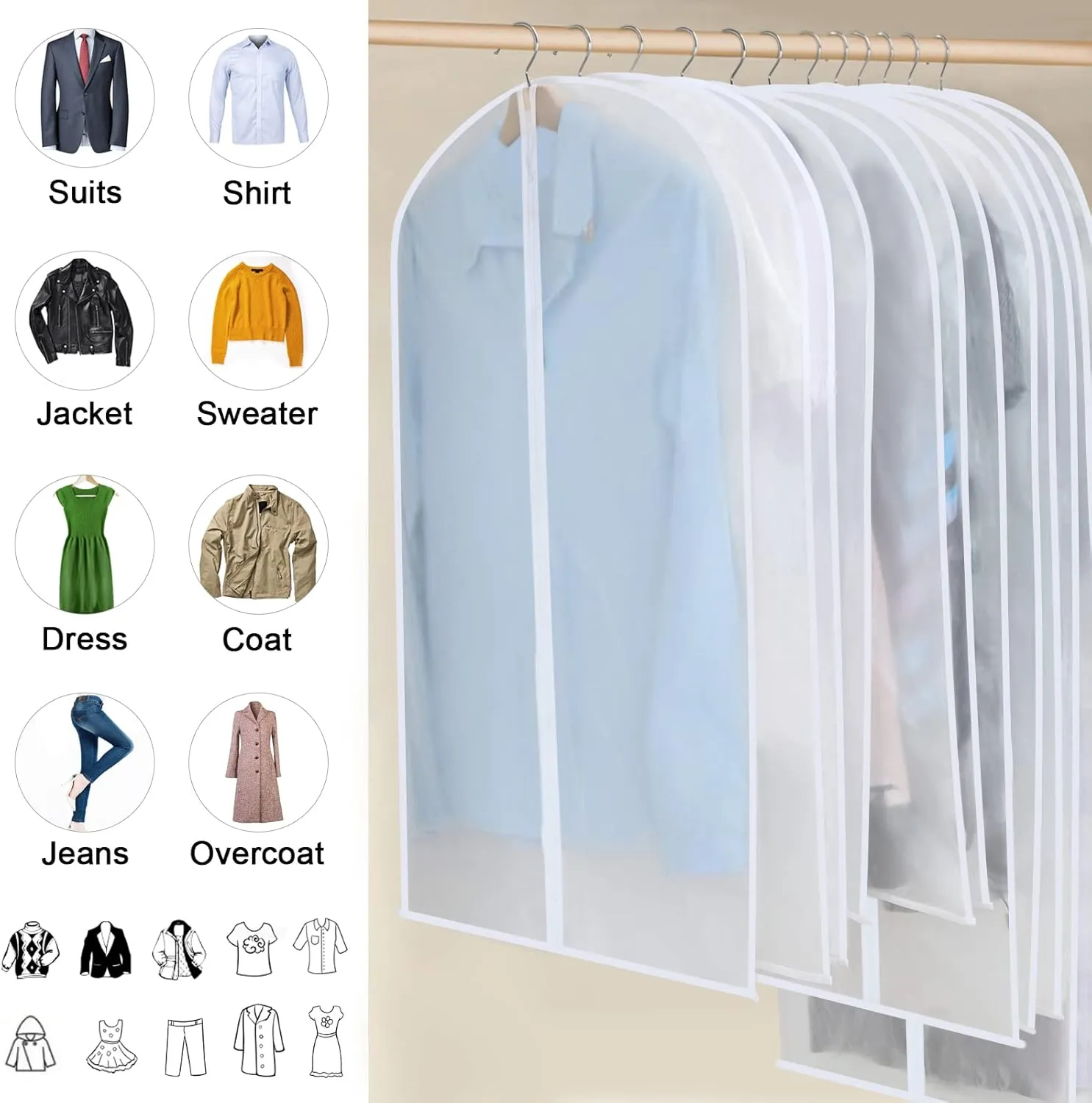 Garment Bags for Hanging Clothes, Set of 12 Suit Bags Dust-Resistant Clothes Cover Bags PEVA Breathable Clothes Protectors with Full Zipper for Closet Storage, 24 x 40/47/55
