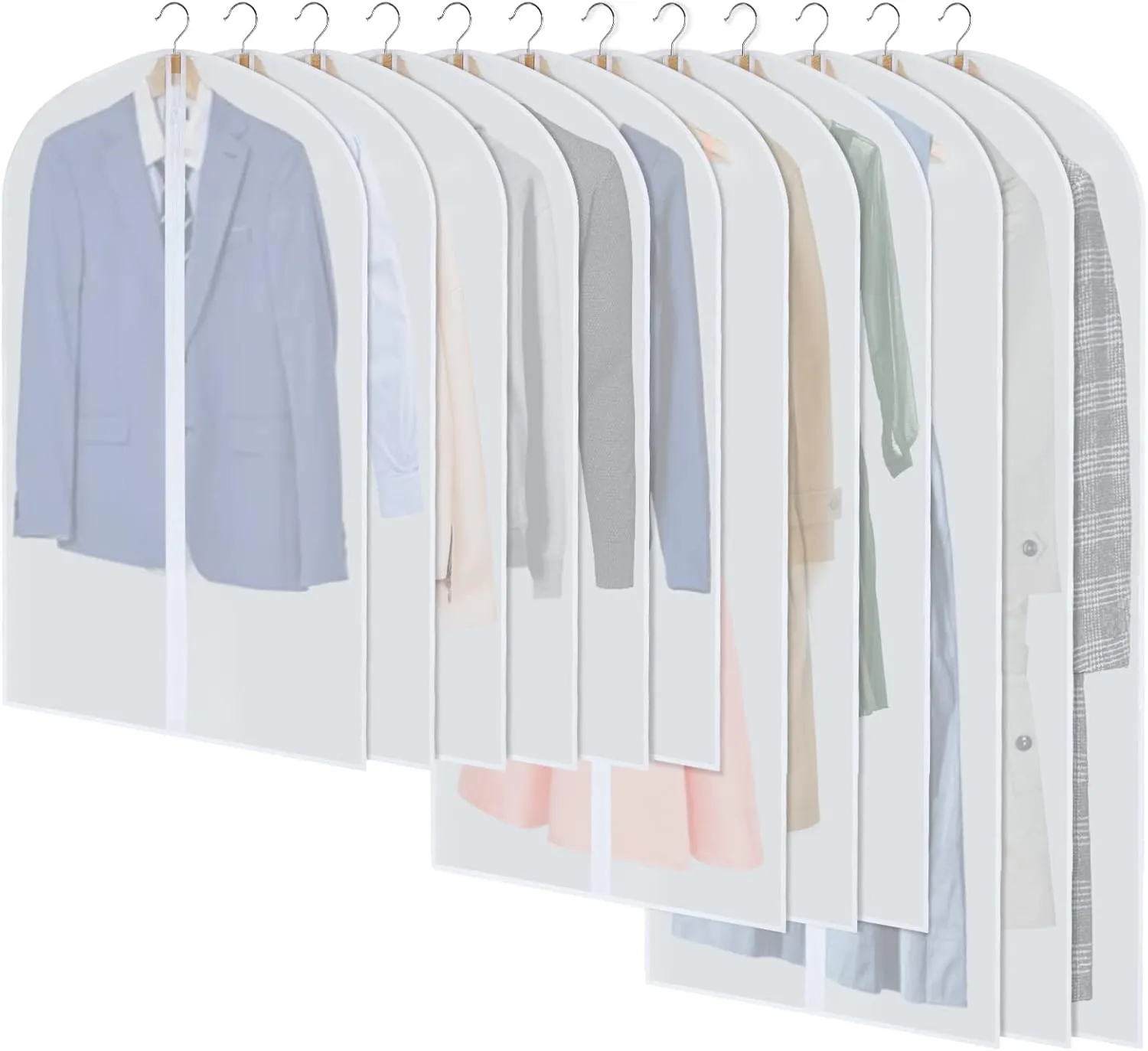 Garment Bags for Hanging Clothes, Set of 12 Suit Bags Dust-Resistant Clothes Cover Bags PEVA Breathable Clothes Protectors with Full Zipper for Closet Storage, 24 x 40/47/55