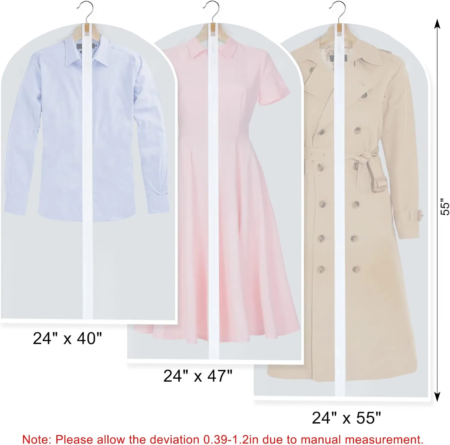 Garment Bags for Hanging Clothes, Set of 12 Suit Bags Dust-Resistant Clothes Cover Bags PEVA Breathable Clothes Protectors with Full Zipper for Closet Storage, 24 x 40/47/55
