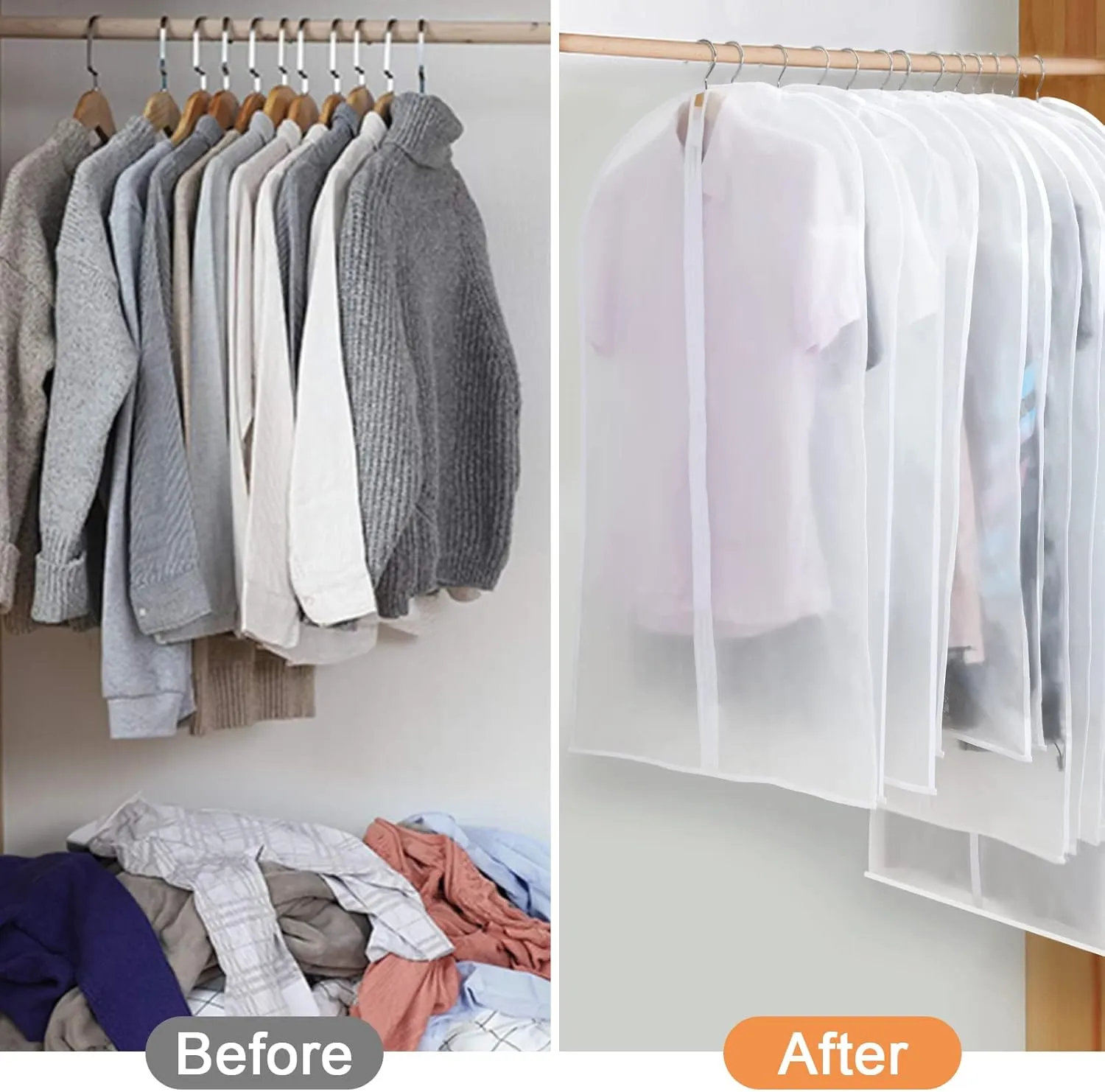 Garment Bags for Hanging Clothes, Set of 12 Suit Bags Dust-Resistant Clothes Cover Bags PEVA Breathable Clothes Protectors with Full Zipper for Closet Storage, 24 x 40/47/55