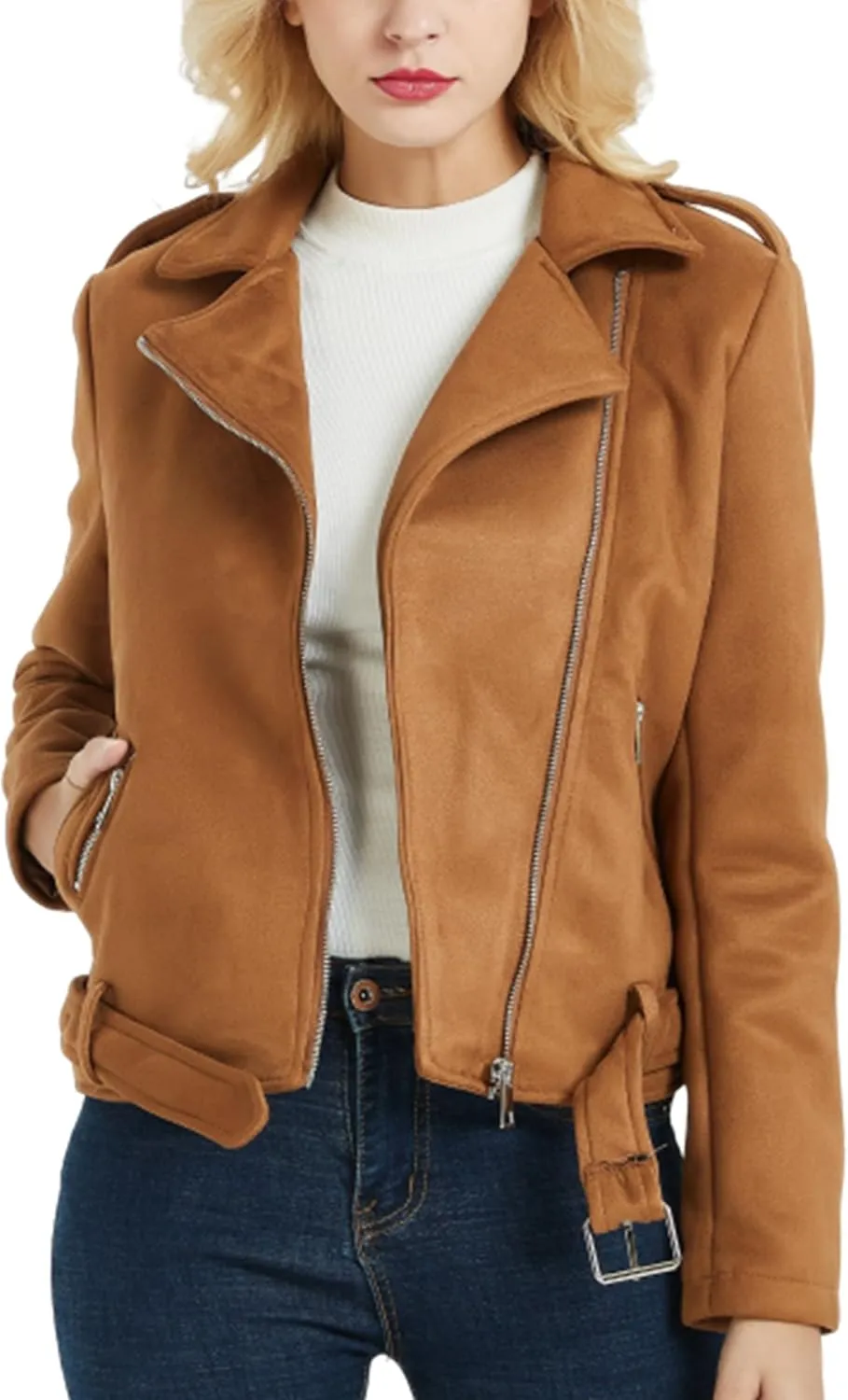 Geschallino Women's Faux Leather Jacket Spring Fall Clothes Trendy Motorcycle Biker Coat