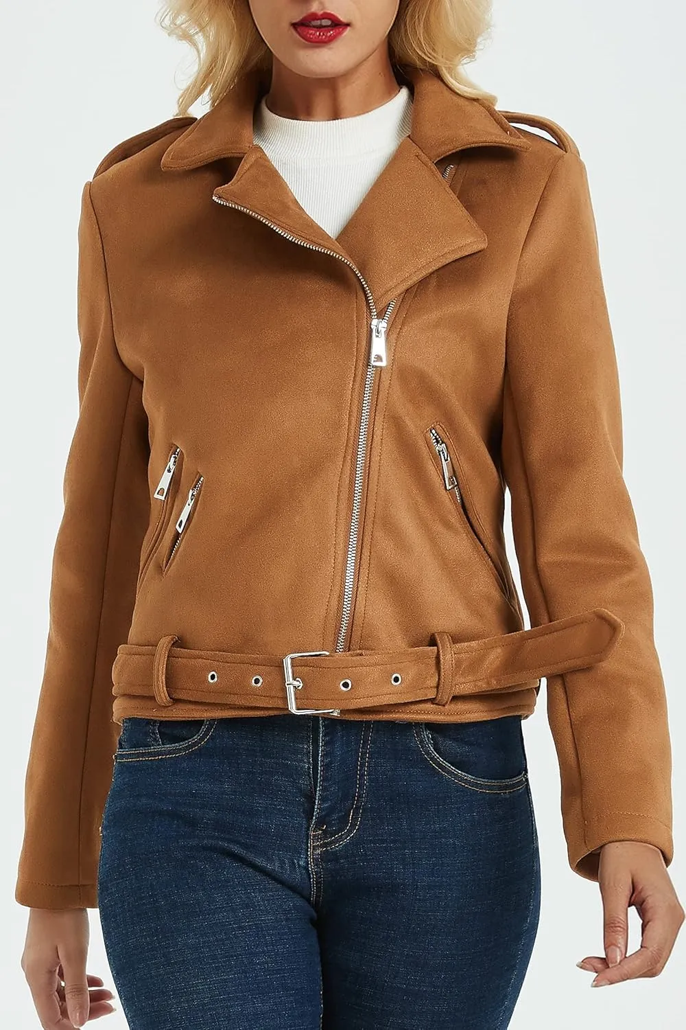 Geschallino Women's Faux Leather Jacket Spring Fall Clothes Trendy Motorcycle Biker Coat