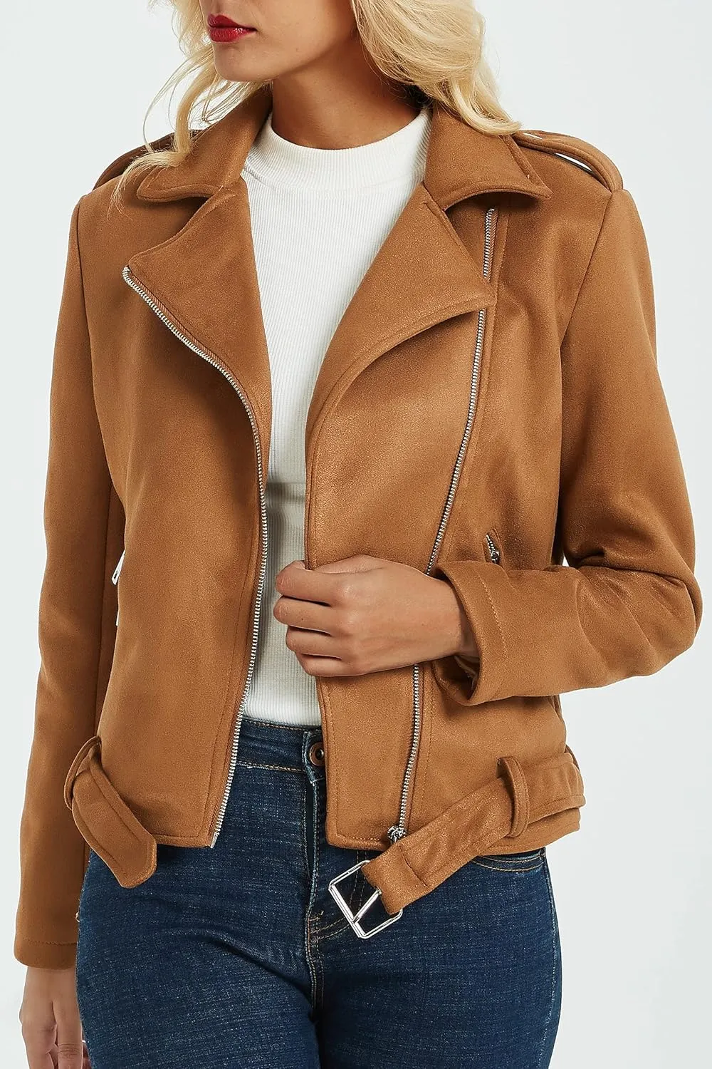 Geschallino Women's Faux Leather Jacket Spring Fall Clothes Trendy Motorcycle Biker Coat