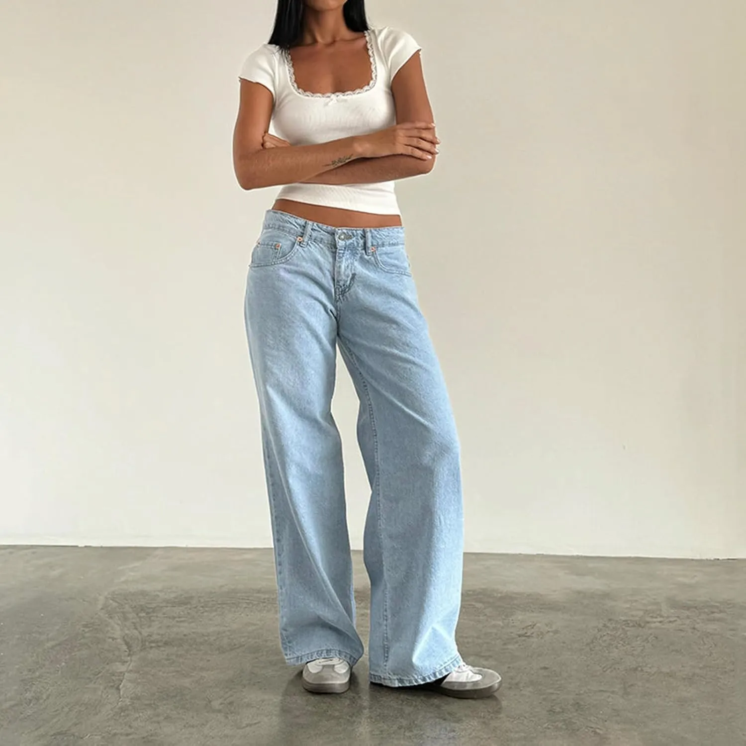 Giraropa Women Y2k Low Rise Jeans Vintage Baggy Straight Wide Leg Boyfriend Jeans Casual Loose Fit Long Denim Pants