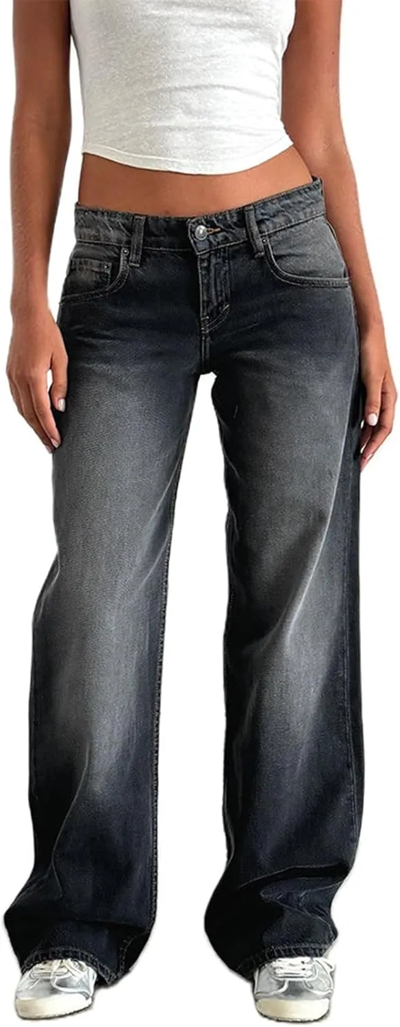 Giraropa Women Y2k Low Rise Jeans Vintage Baggy Straight Wide Leg Boyfriend Jeans Casual Loose Fit Long Denim Pants