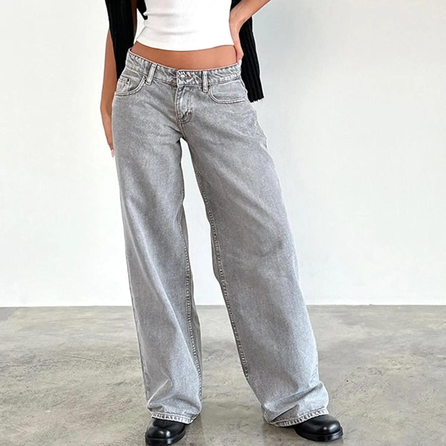 Giraropa Women Y2k Low Rise Jeans Vintage Baggy Straight Wide Leg Boyfriend Jeans Casual Loose Fit Long Denim Pants