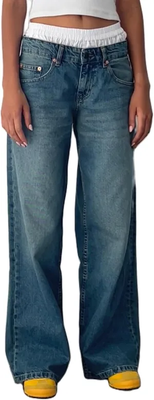 Giraropa Women Y2k Low Rise Jeans Vintage Baggy Straight Wide Leg Boyfriend Jeans Casual Loose Fit Long Denim Pants