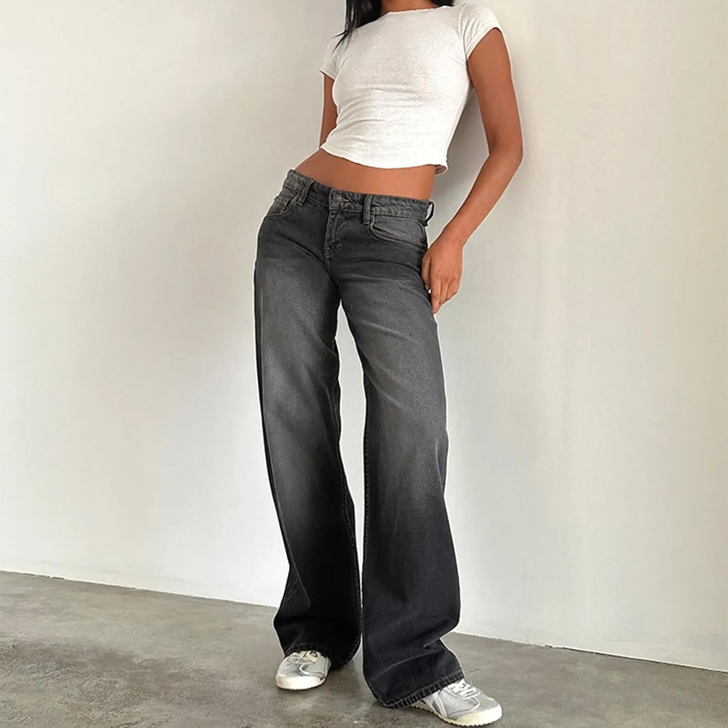 Giraropa Women Y2k Low Rise Jeans Vintage Baggy Straight Wide Leg Boyfriend Jeans Casual Loose Fit Long Denim Pants