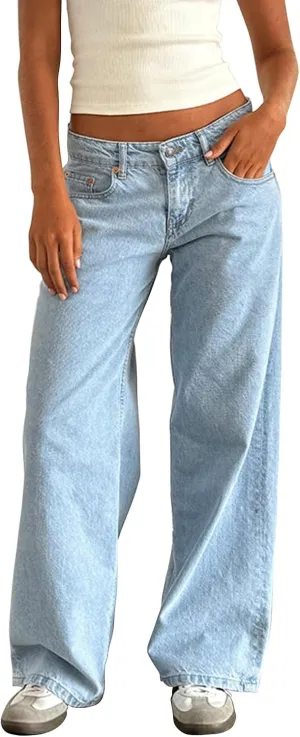 Giraropa Women Y2k Low Rise Jeans Vintage Baggy Straight Wide Leg Boyfriend Jeans Casual Loose Fit Long Denim Pants