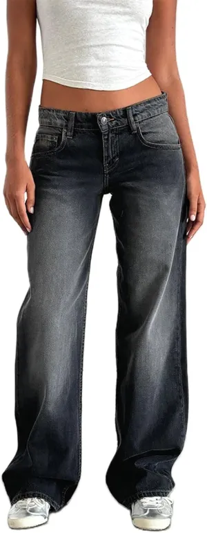Giraropa Women Y2k Low Rise Jeans Vintage Baggy Straight Wide Leg Boyfriend Jeans Casual Loose Fit Long Denim Pants