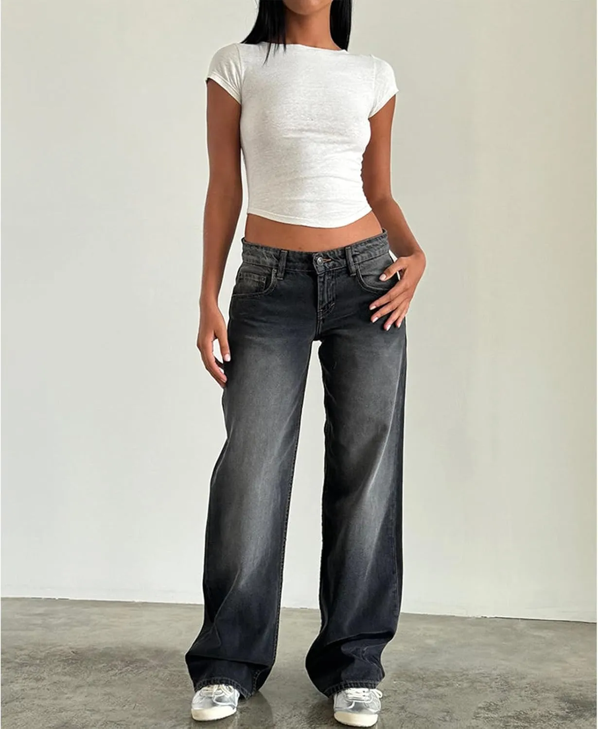 Giraropa Women Y2k Low Rise Jeans Vintage Baggy Straight Wide Leg Boyfriend Jeans Casual Loose Fit Long Denim Pants