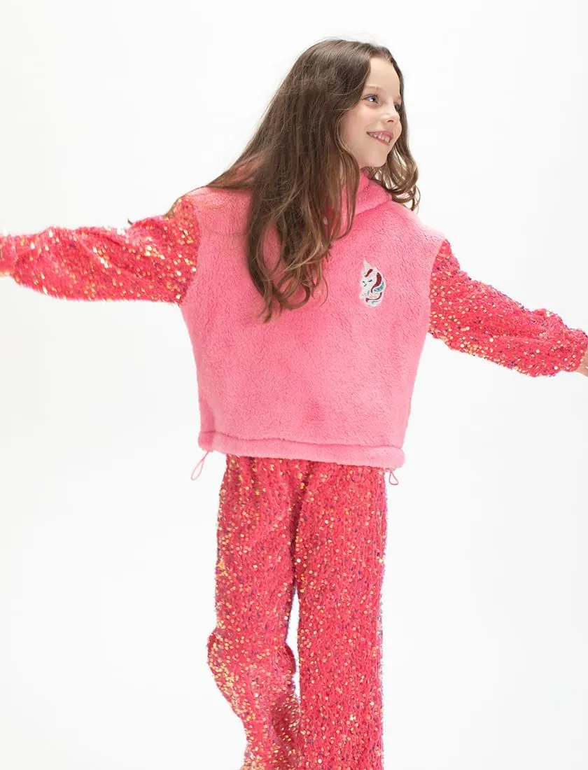 Girls' Button-Detail Fuzzy Sherpa Fleece Hoodie with Unicorn Patch & Sequin Sleeves  Cozy & Warm Kids' Pullover
