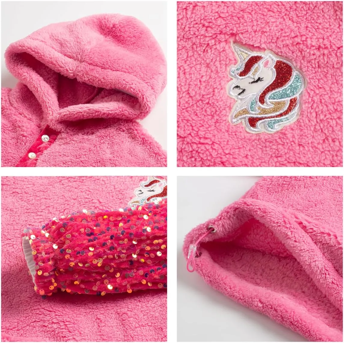 Girls' Button-Detail Fuzzy Sherpa Fleece Hoodie with Unicorn Patch & Sequin Sleeves  Cozy & Warm Kids' Pullover