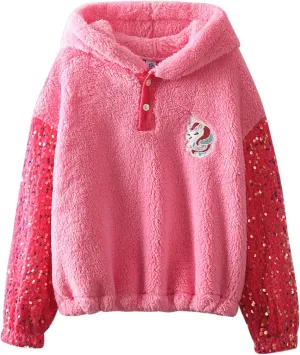 Girls' Button-Detail Fuzzy Sherpa Fleece Hoodie with Unicorn Patch & Sequin Sleeves  Cozy & Warm Kids' Pullover