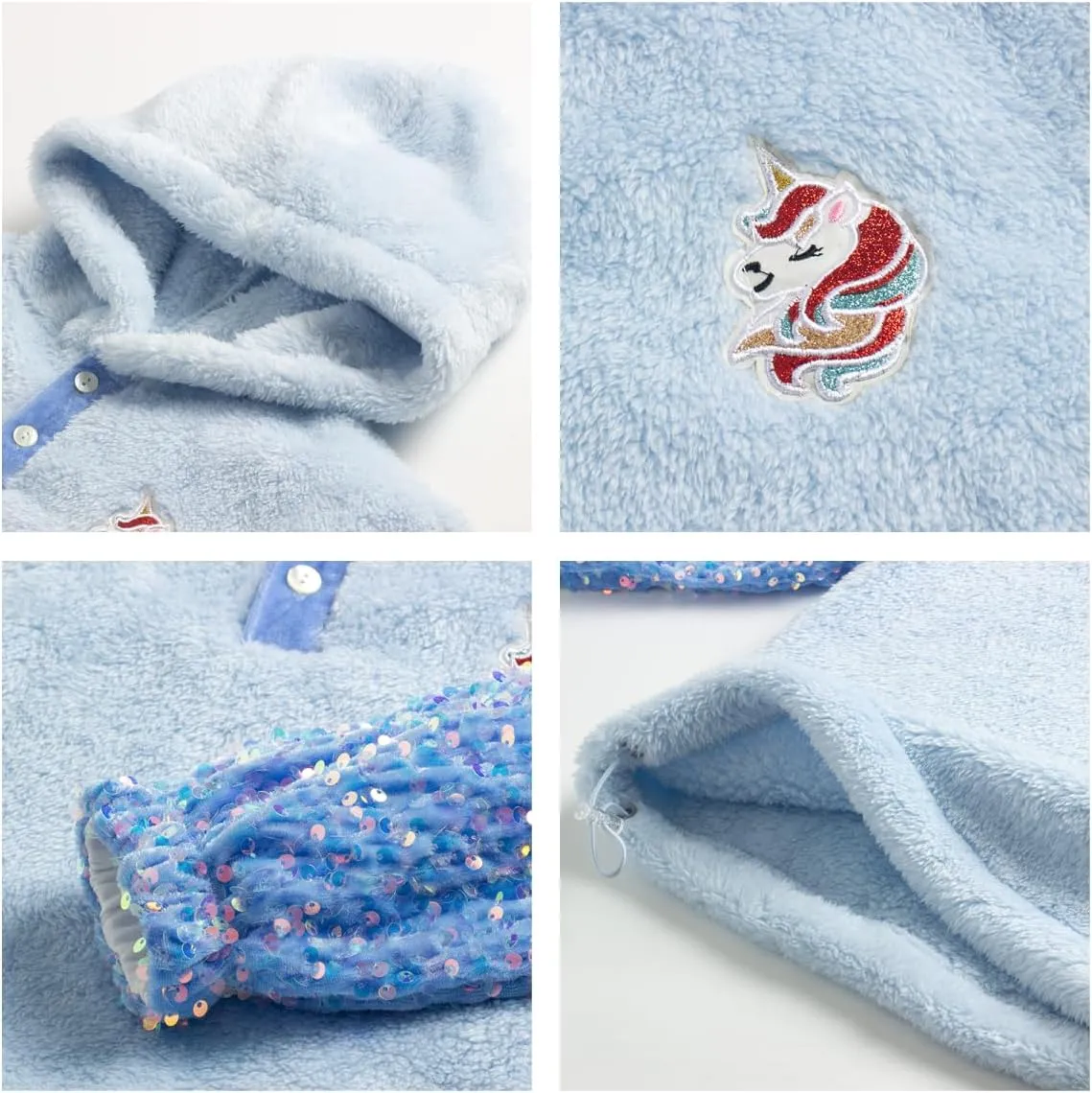 Girls' Button-Detail Fuzzy Sherpa Fleece Hoodie with Unicorn Patch & Sequin Sleeves  Cozy & Warm Kids' Pullover