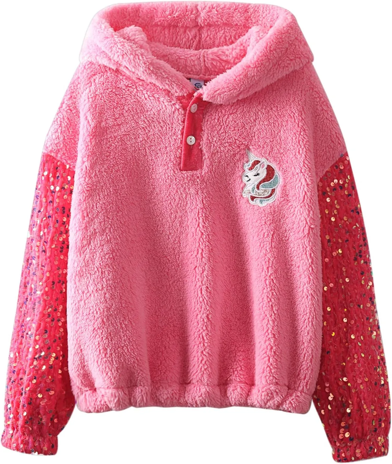 Girls' Button-Detail Fuzzy Sherpa Fleece Hoodie with Unicorn Patch & Sequin Sleeves  Cozy & Warm Kids' Pullover