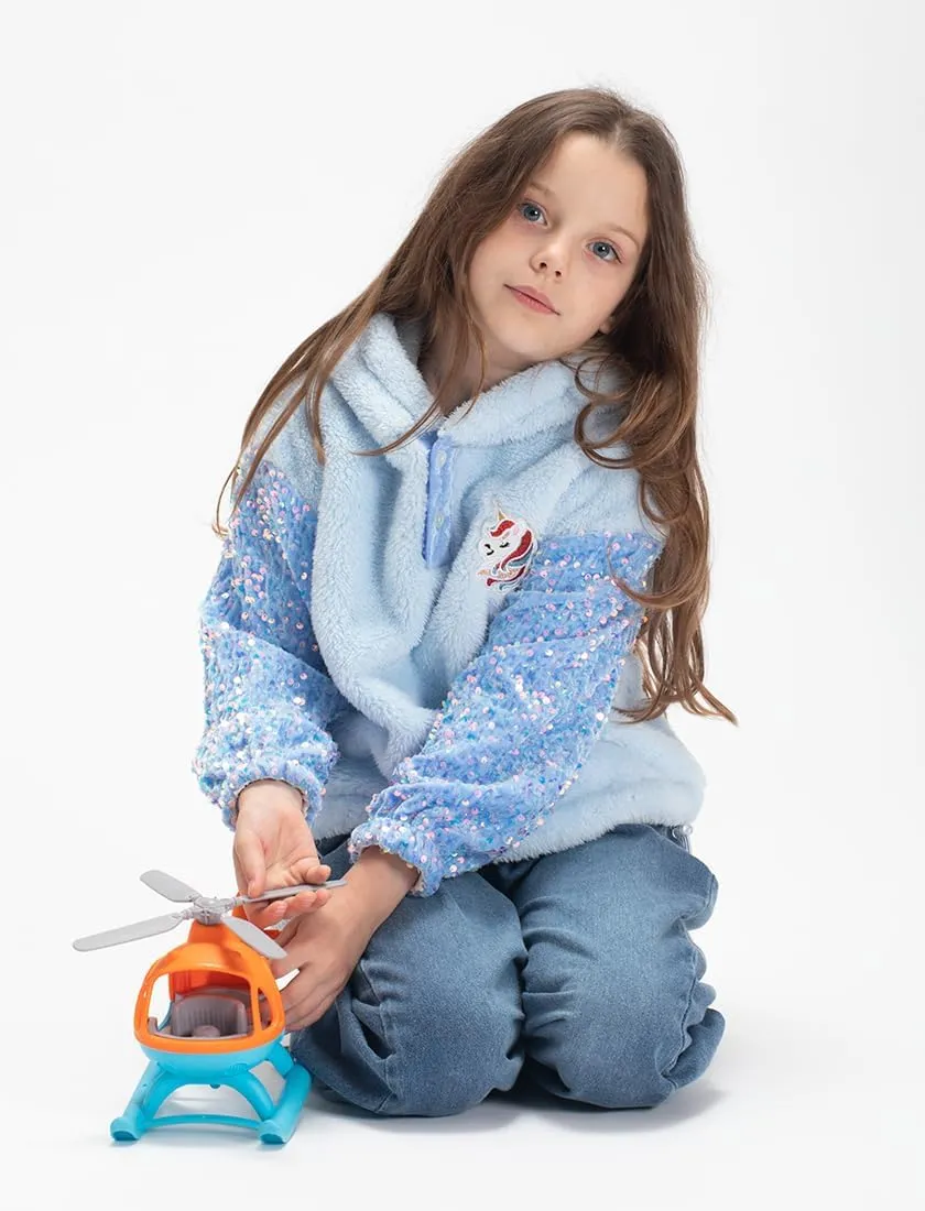 Girls' Button-Detail Fuzzy Sherpa Fleece Hoodie with Unicorn Patch & Sequin Sleeves  Cozy & Warm Kids' Pullover