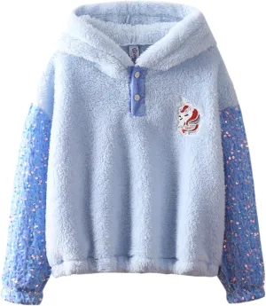 Girls' Button-Detail Fuzzy Sherpa Fleece Hoodie with Unicorn Patch & Sequin Sleeves  Cozy & Warm Kids' Pullover