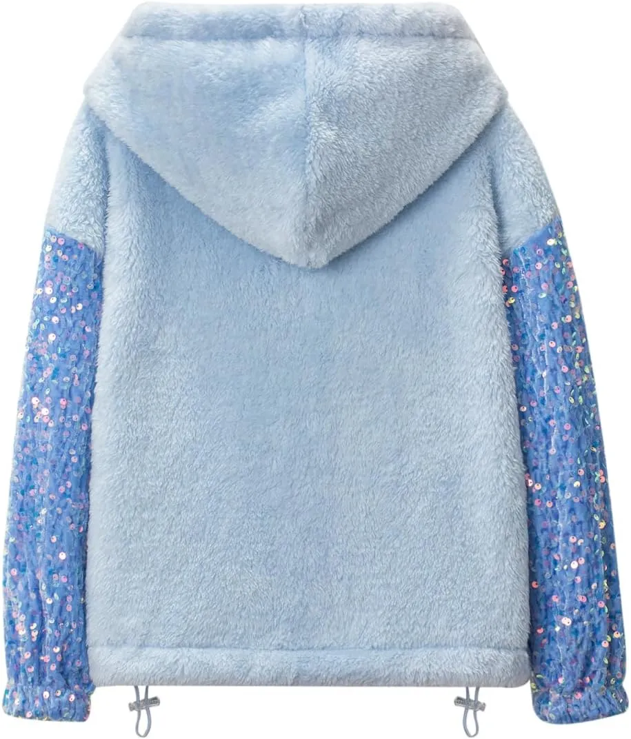 Girls' Button-Detail Fuzzy Sherpa Fleece Hoodie with Unicorn Patch & Sequin Sleeves  Cozy & Warm Kids' Pullover