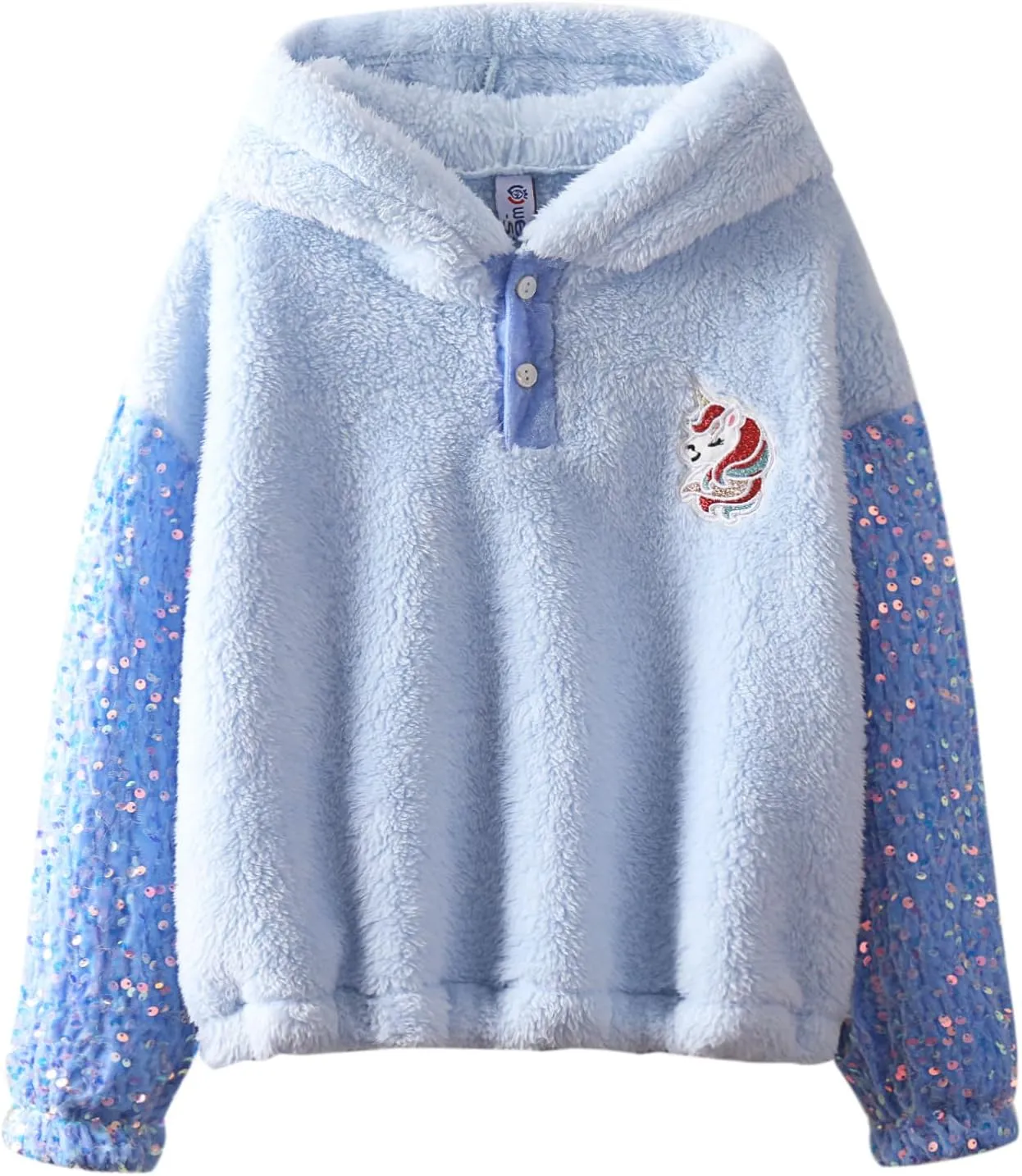 Girls' Button-Detail Fuzzy Sherpa Fleece Hoodie with Unicorn Patch & Sequin Sleeves  Cozy & Warm Kids' Pullover