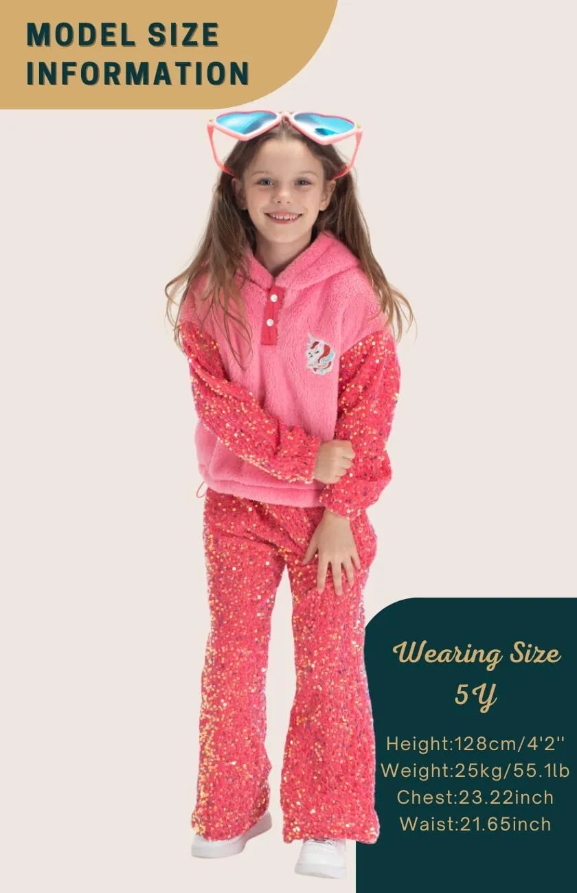Girls' Button-Detail Fuzzy Sherpa Fleece Hoodie with Unicorn Patch & Sequin Sleeves  Cozy & Warm Kids' Pullover