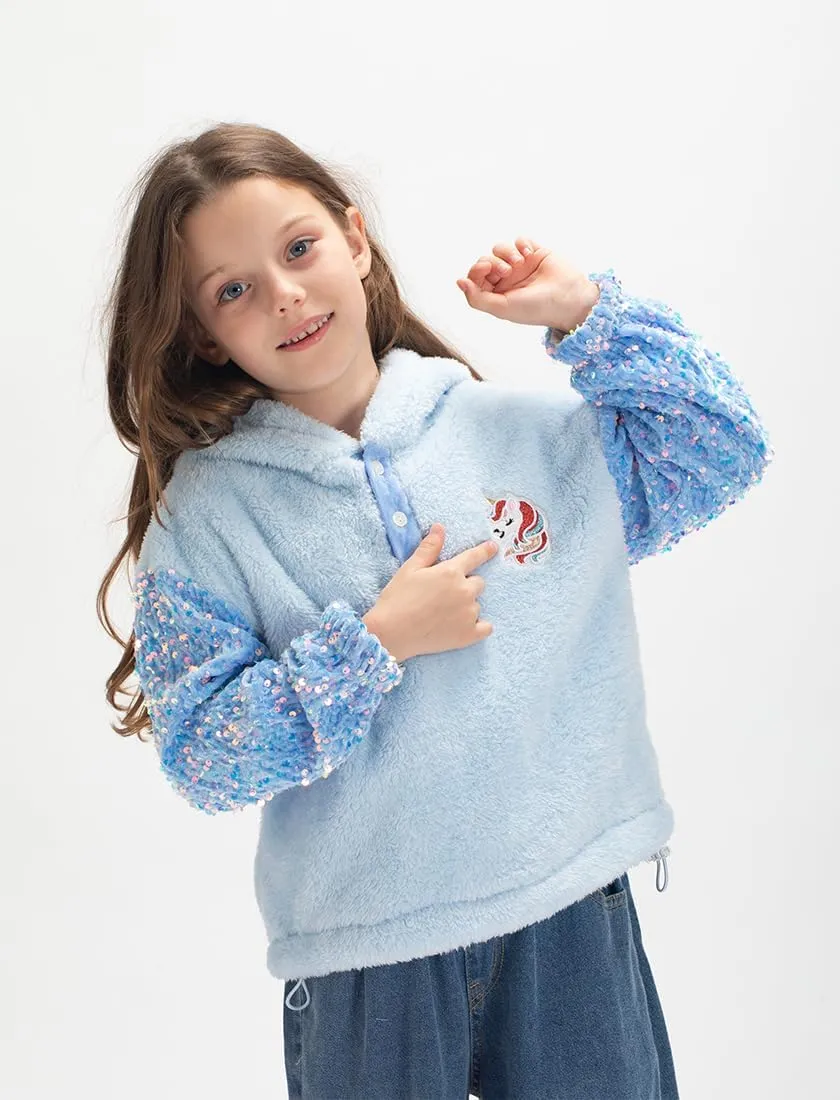 Girls' Button-Detail Fuzzy Sherpa Fleece Hoodie with Unicorn Patch & Sequin Sleeves  Cozy & Warm Kids' Pullover