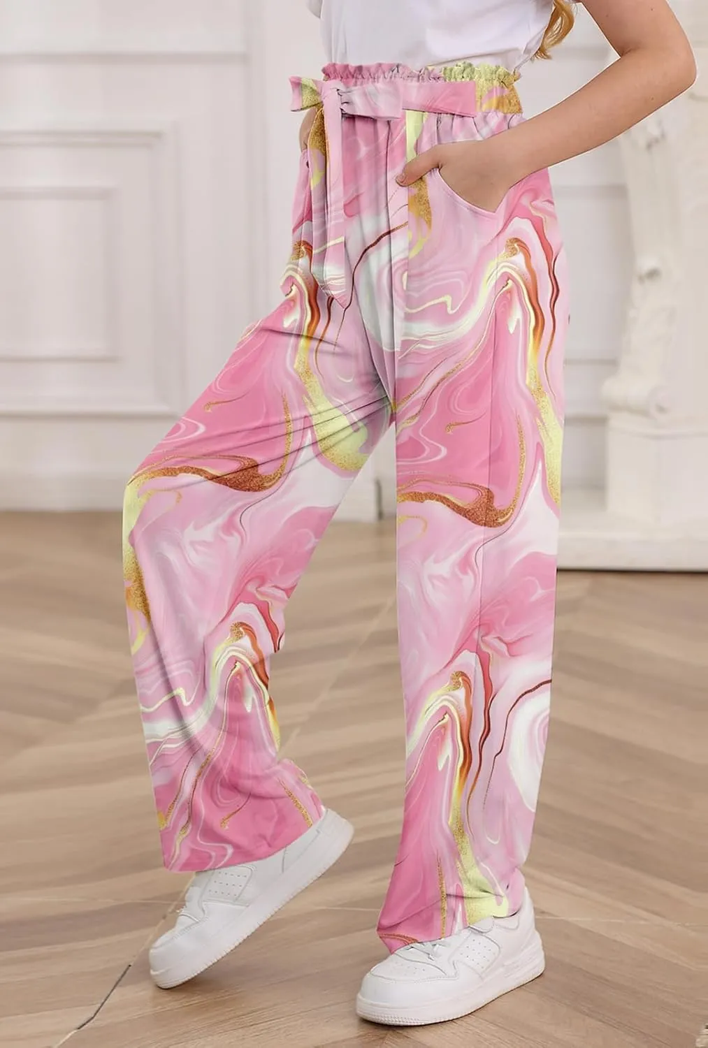 Girls Wide Leg Pants Casual Elastic Waist Self Tie Soft Comfortable with Pockets Lounge Pants Size 7-14