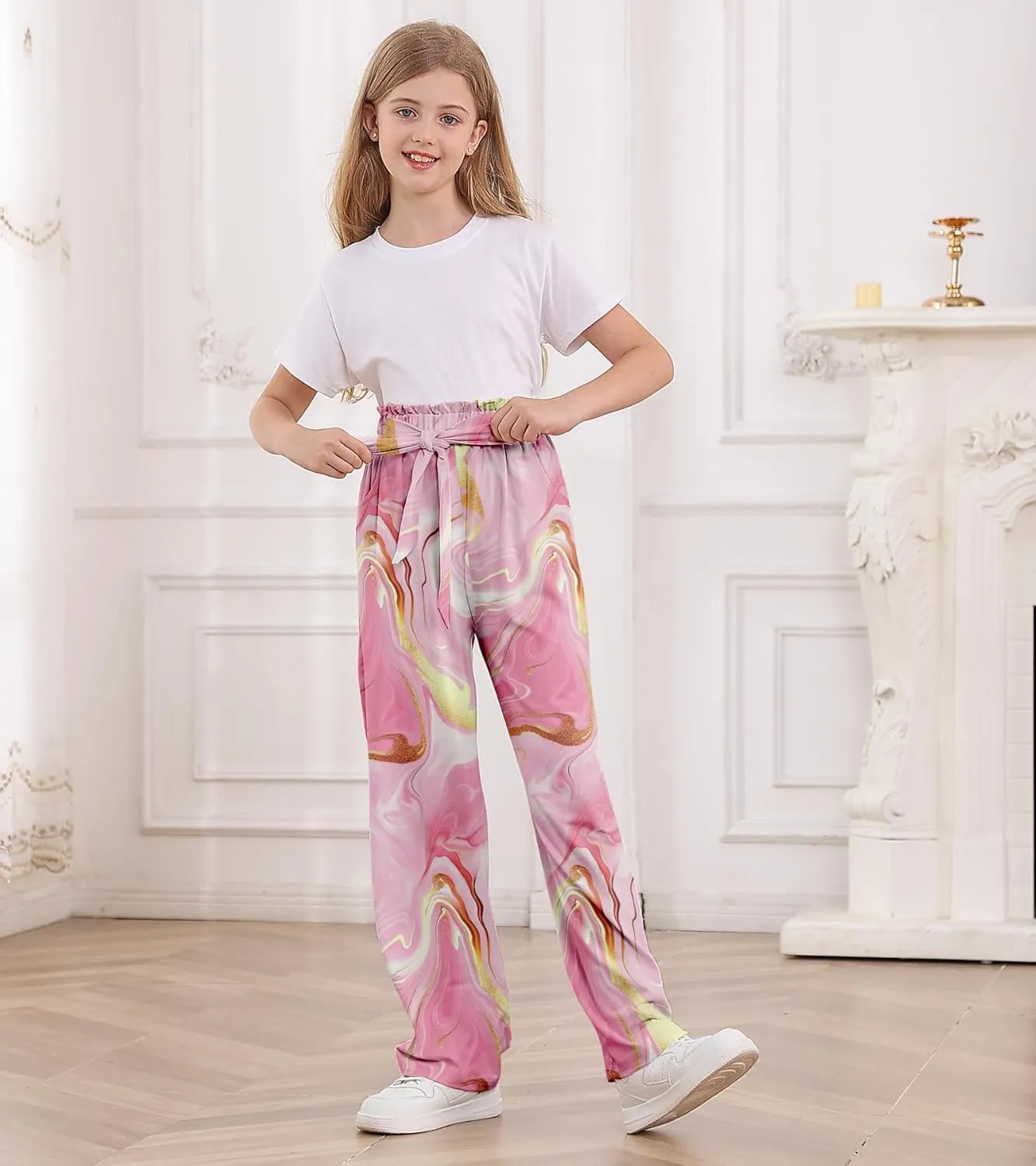 Girls Wide Leg Pants Casual Elastic Waist Self Tie Soft Comfortable with Pockets Lounge Pants Size 7-14