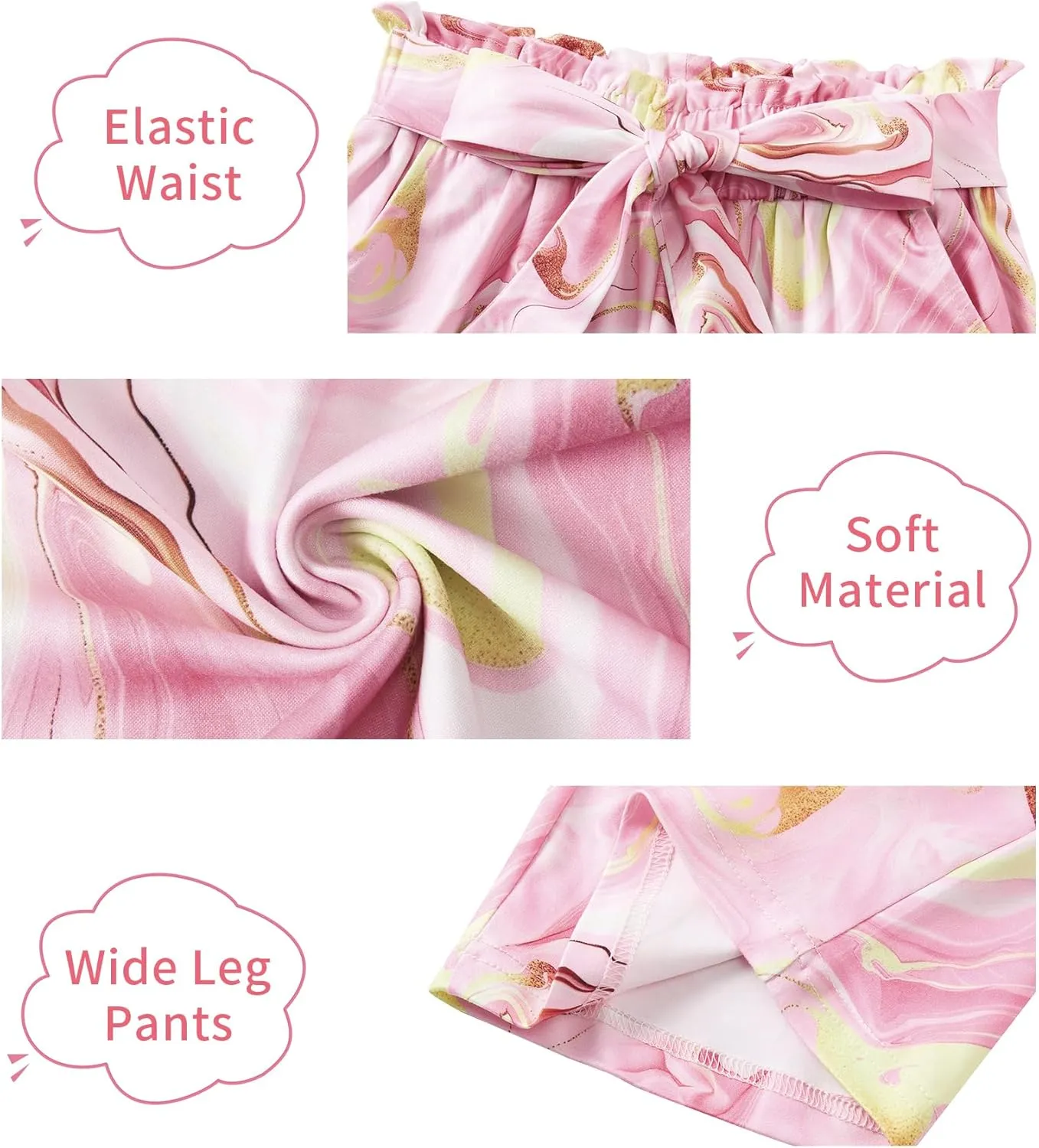 Girls Wide Leg Pants Casual Elastic Waist Self Tie Soft Comfortable with Pockets Lounge Pants Size 7-14