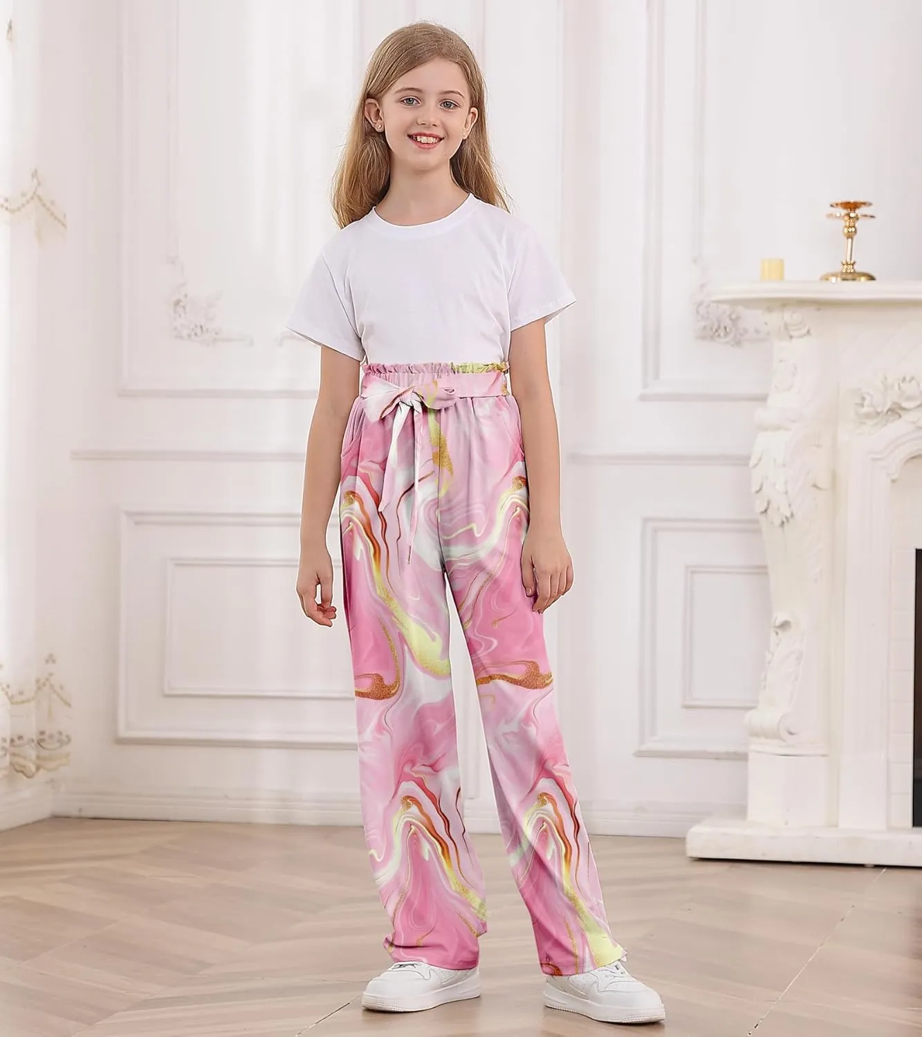 Girls Wide Leg Pants Casual Elastic Waist Self Tie Soft Comfortable with Pockets Lounge Pants Size 7-14
