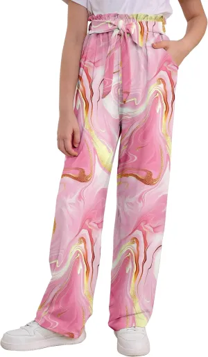 Girls Wide Leg Pants Casual Elastic Waist Self Tie Soft Comfortable with Pockets Lounge Pants Size 7-14