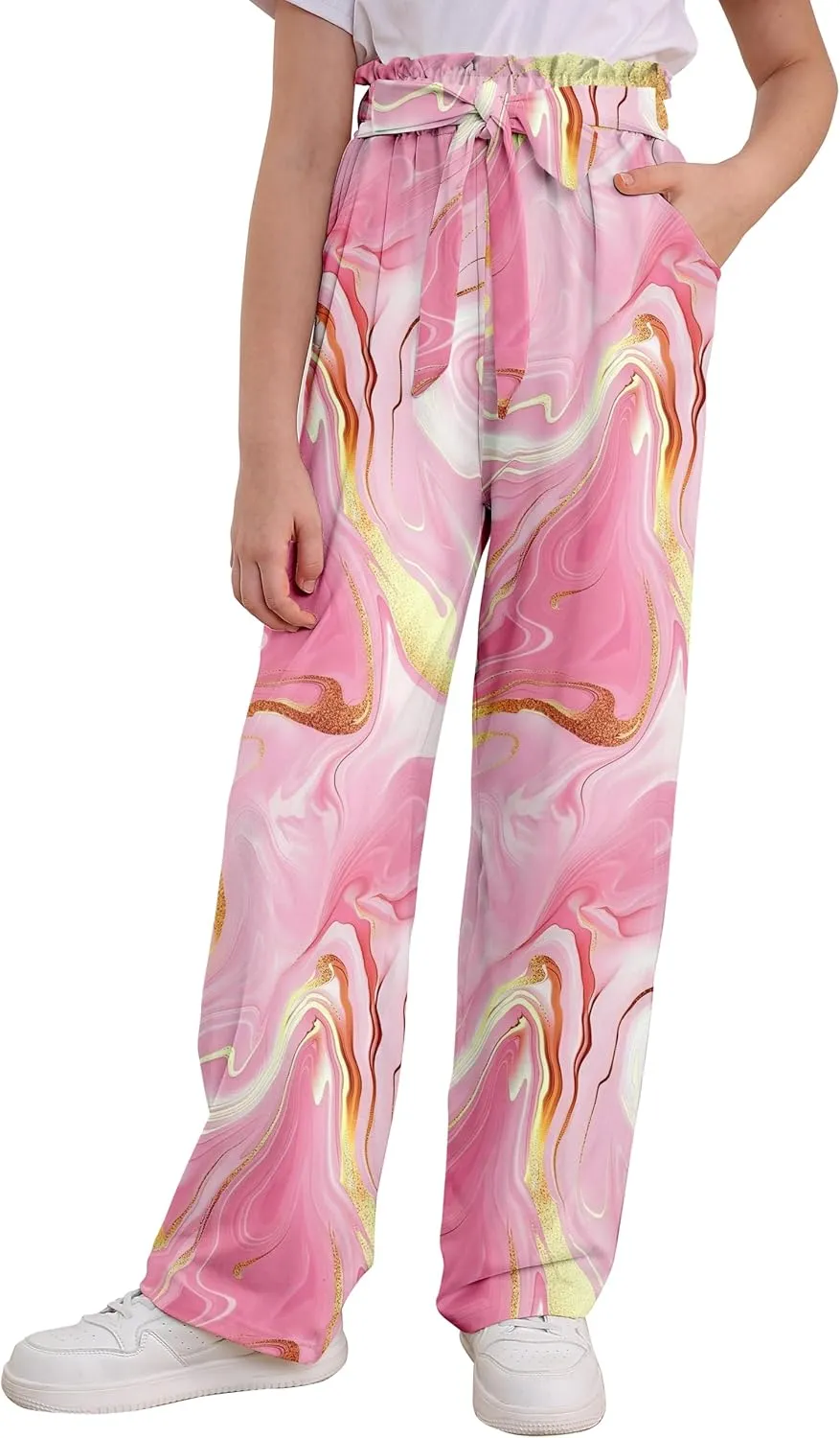 Girls Wide Leg Pants Casual Elastic Waist Self Tie Soft Comfortable with Pockets Lounge Pants Size 7-14