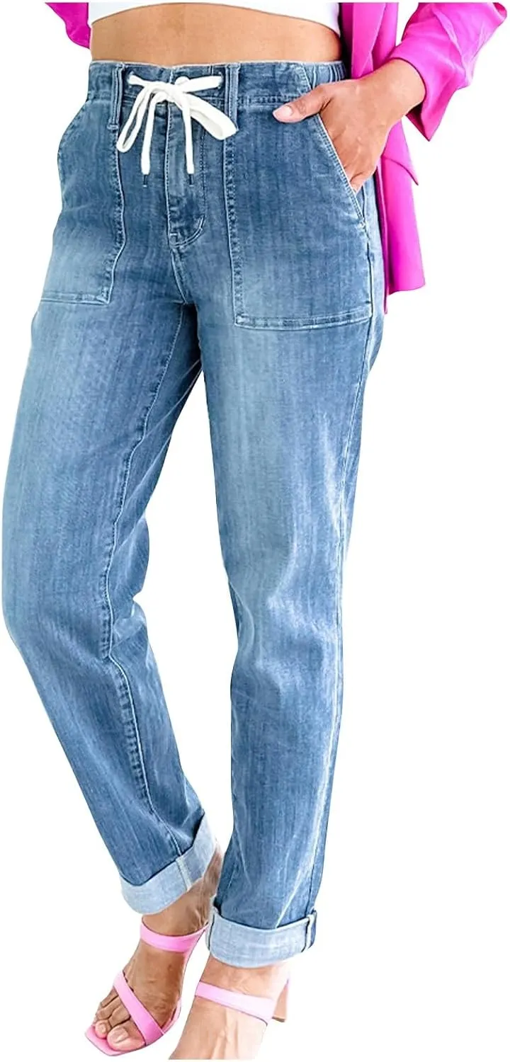 Gumipy Women's Pull On Denim Joggers Elastic Waist Stretch Drawstring Jeans with Pocket Casual Baggy Cropped Jeans