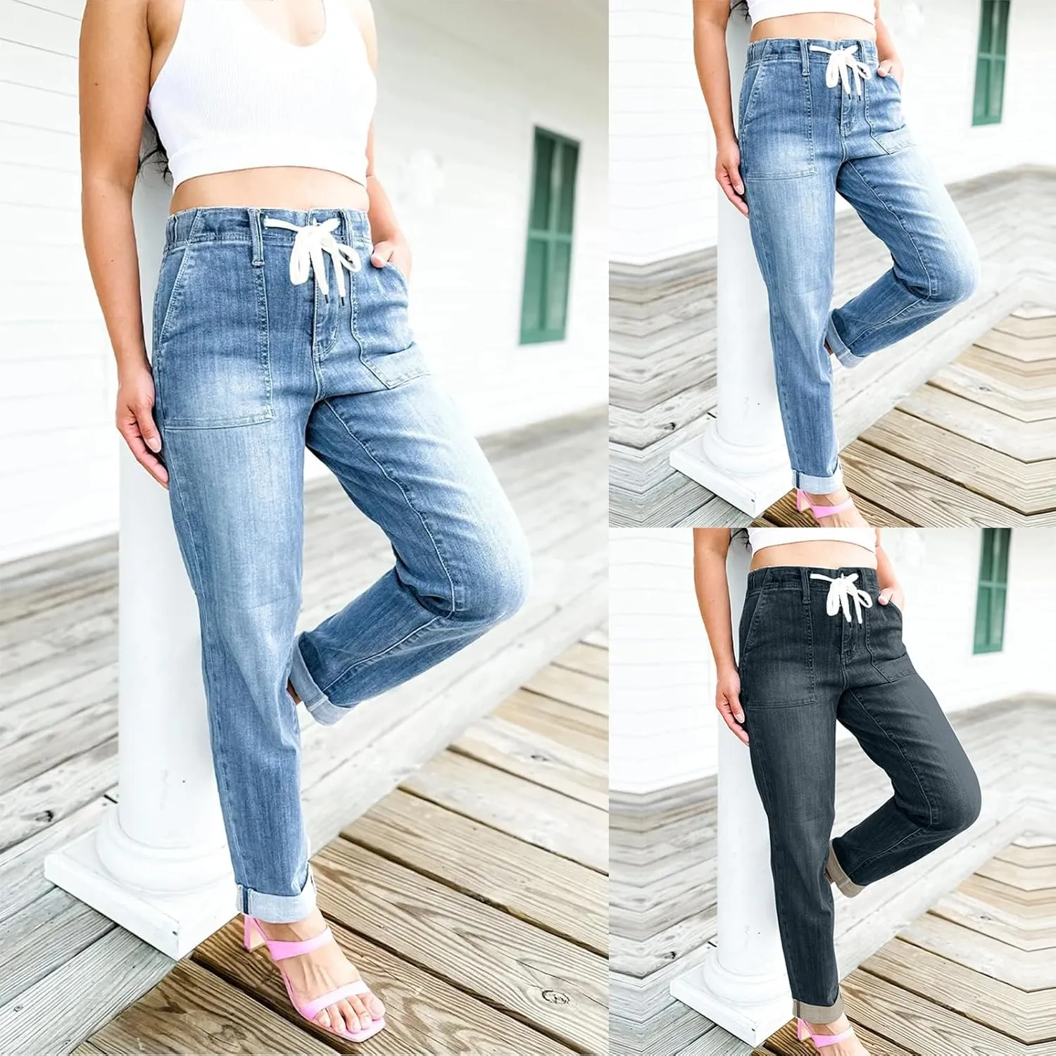 Gumipy Women's Pull On Denim Joggers Elastic Waist Stretch Drawstring Jeans with Pocket Casual Baggy Cropped Jeans