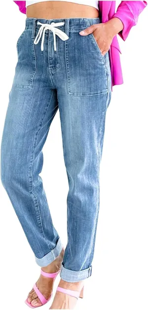 Gumipy Women's Pull On Denim Joggers Elastic Waist Stretch Drawstring Jeans with Pocket Casual Baggy Cropped Jeans