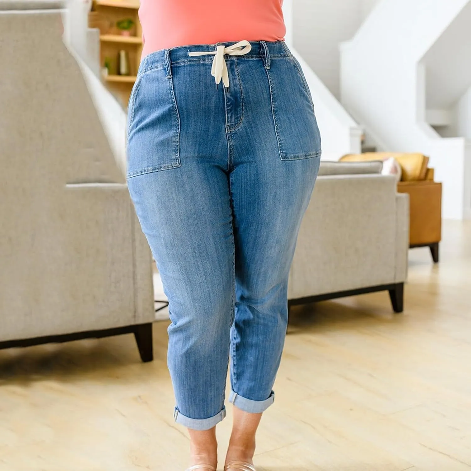 Gumipy Women's Pull On Denim Joggers Elastic Waist Stretch Drawstring Jeans with Pocket Casual Baggy Cropped Jeans