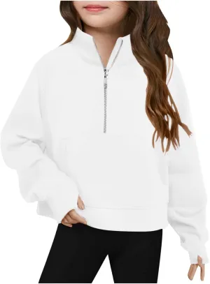 Half Zip Crop Sweatshirt for Girls Lightweight Fashion Long Sleeve Pullover Fleece Winter Sweatshirts 5-13 Years