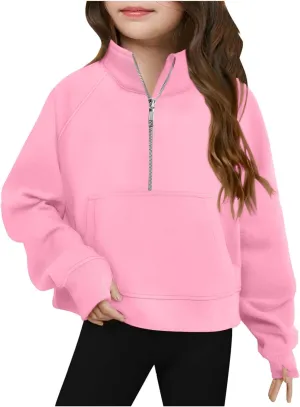 Half Zip Crop Sweatshirt for Girls Lightweight Fashion Long Sleeve Pullover Fleece Winter Sweatshirts 5-13 Years